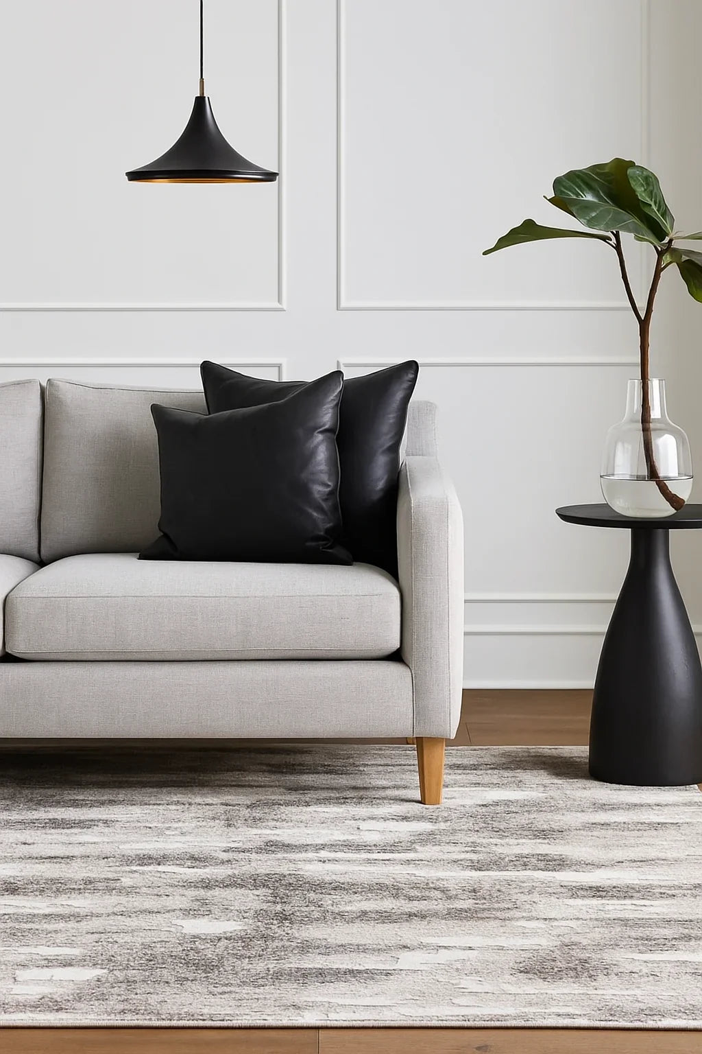 covor modern gri bej integrat in living minimalist