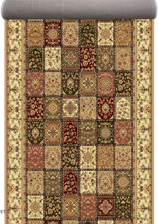 Traversa covor hol crem bej festonata cu model patchwork tip timbre stil persan oriental pentru coridor si hol