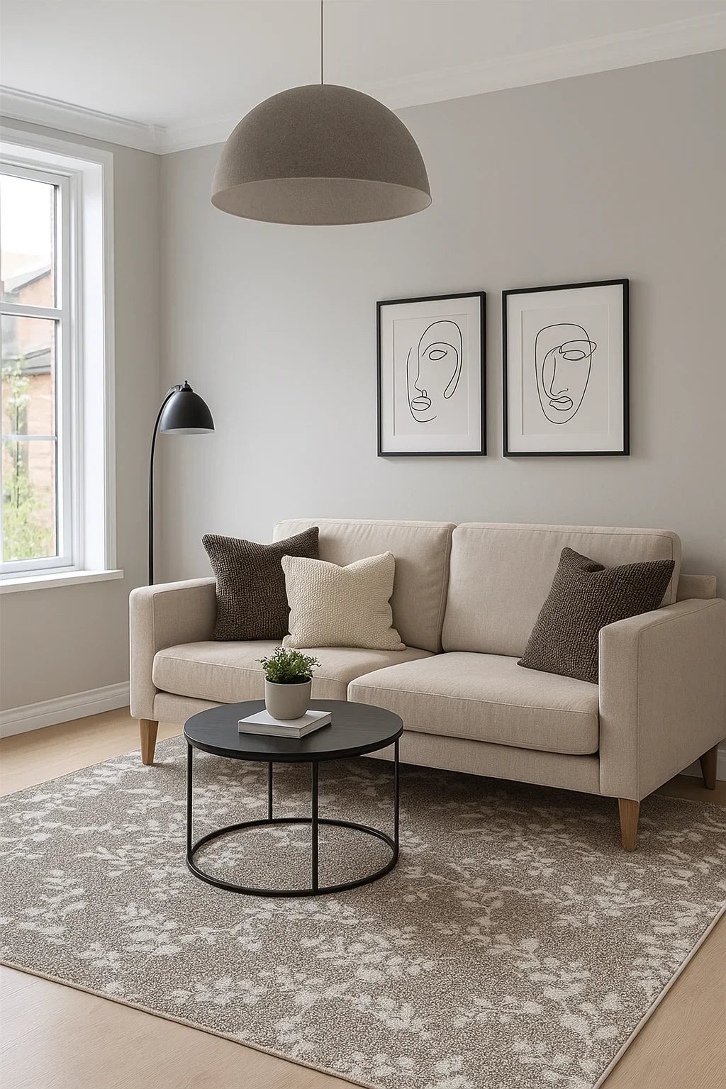 covor bej cu model floral integrat intr-un living modern
