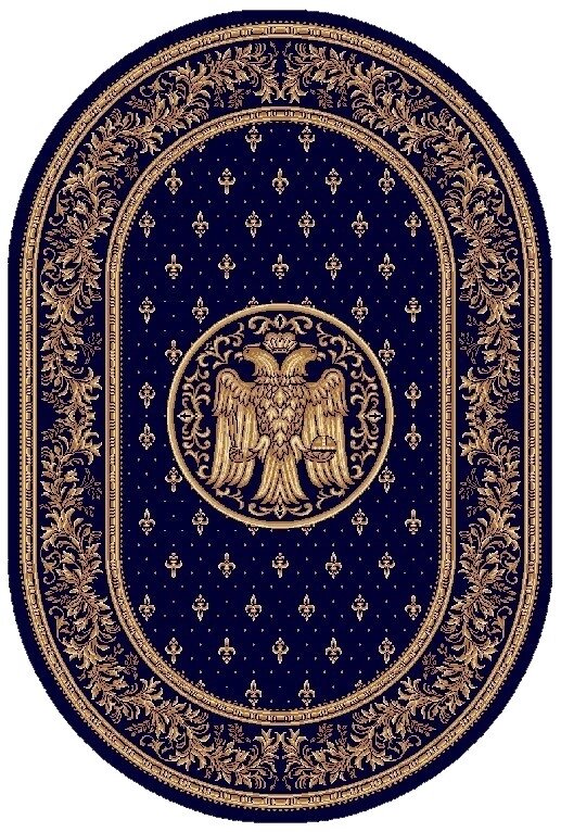Covor bisericesc clasic albastru oval cu vultur bicefal si model traditional ortodox