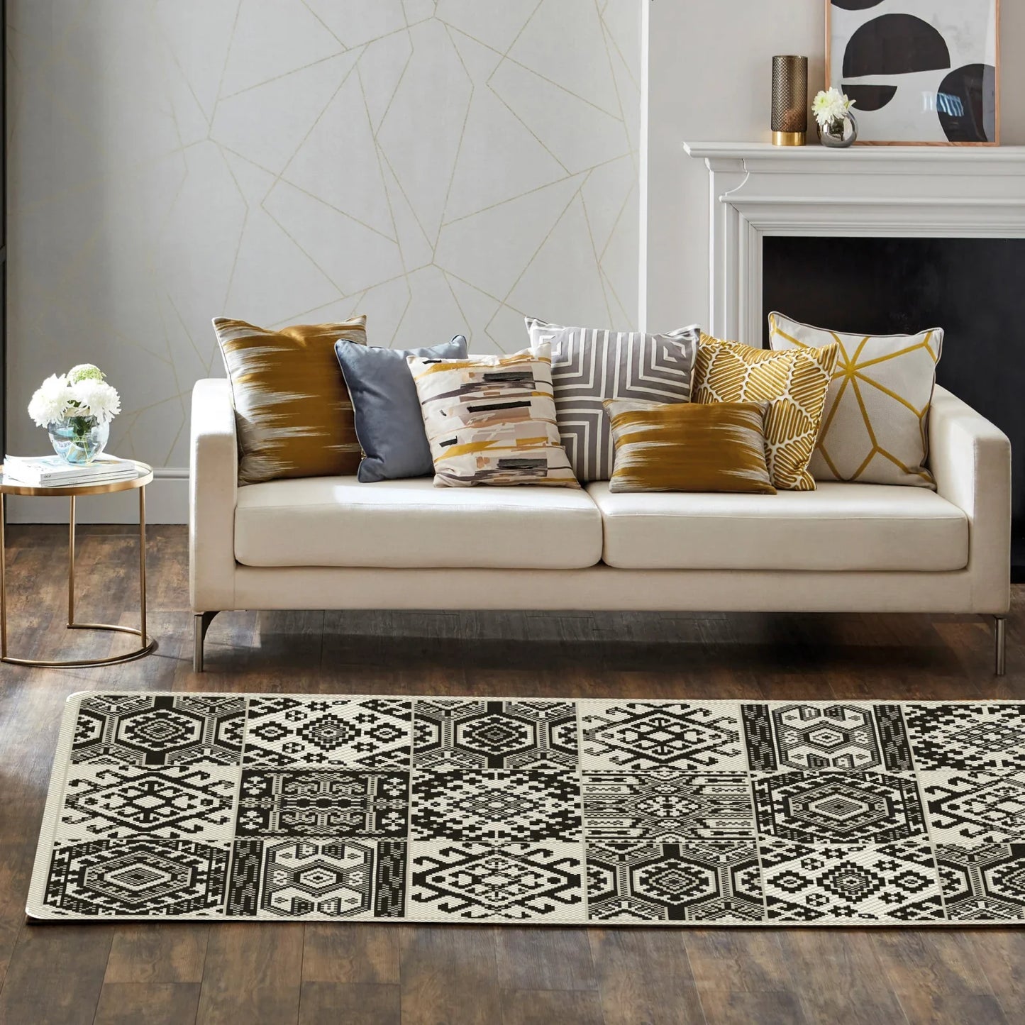 Covor bucatarie antiderapant gri cu model geometric, covor bucatarie modern si lavabil