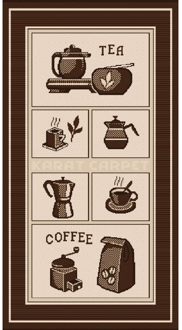 Covor bucatarie antiderapant maro bej cu model cafea si ceai, covor modern pentru bucatarie