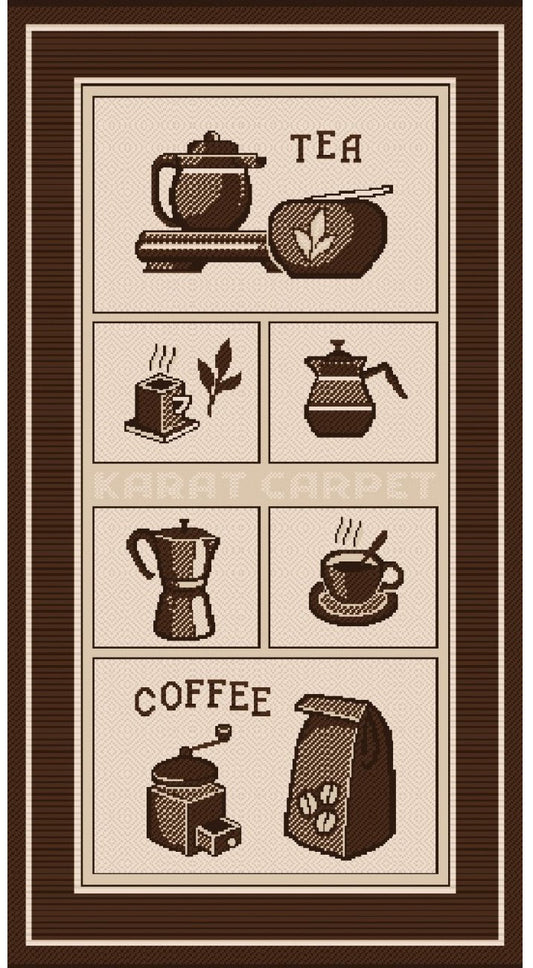 Covor bucatarie antiderapant maro bej cu model cafea si ceai, covor modern pentru bucatarie