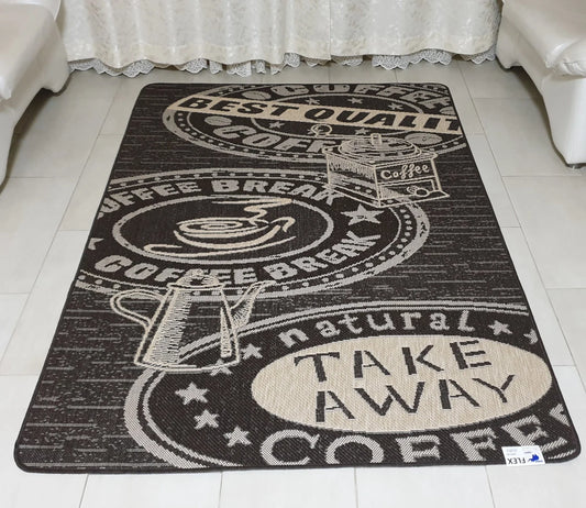 Covor bucatarie antiderapant maro cu model coffee, covor bucatarie modern si lavabil