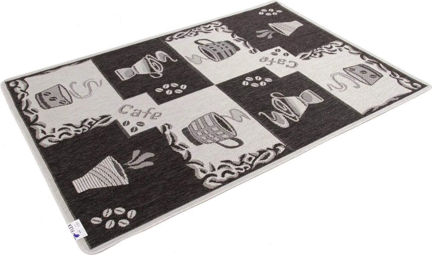 Covor bucatarie gri cu model cafea decorativ, covor antiderapant pentru bucatarie