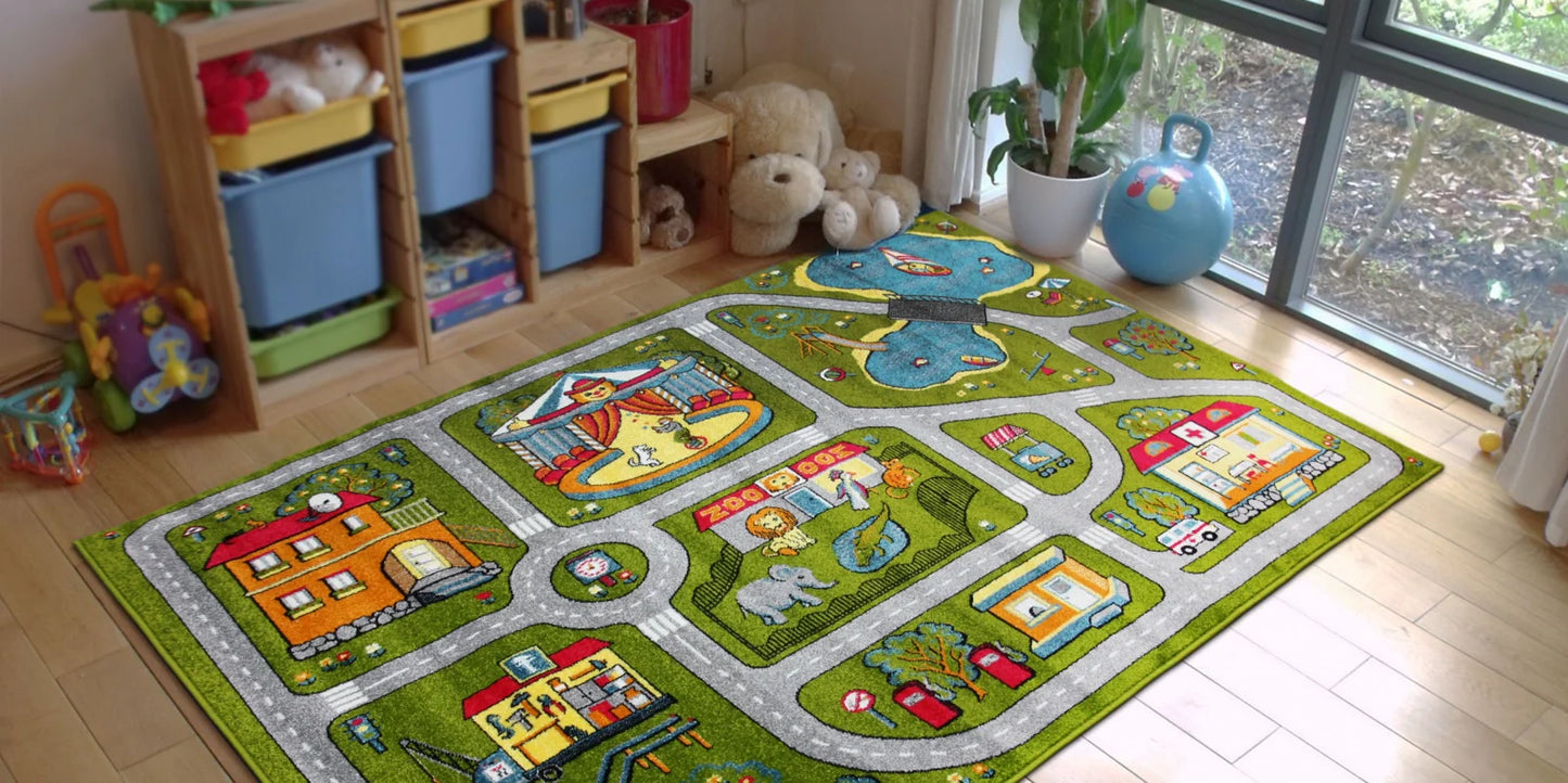 Covor pentru camera copiilor cu masini si drumuri, model interactiv pentru joaca zilnica