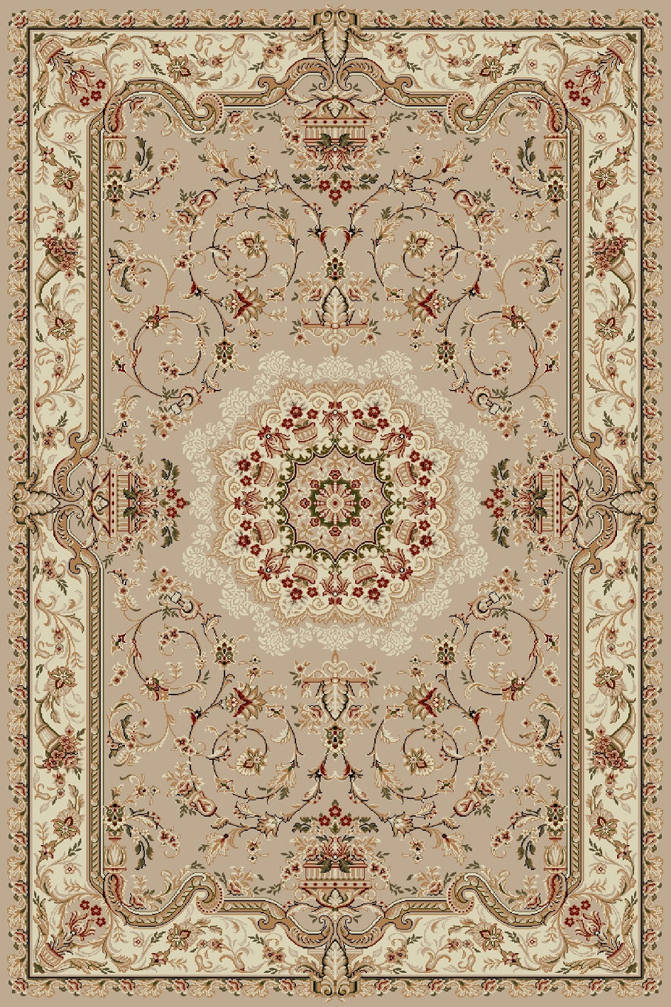 Covor clasic crem bej cu model traditional, potrivit pentru living sau dormitor