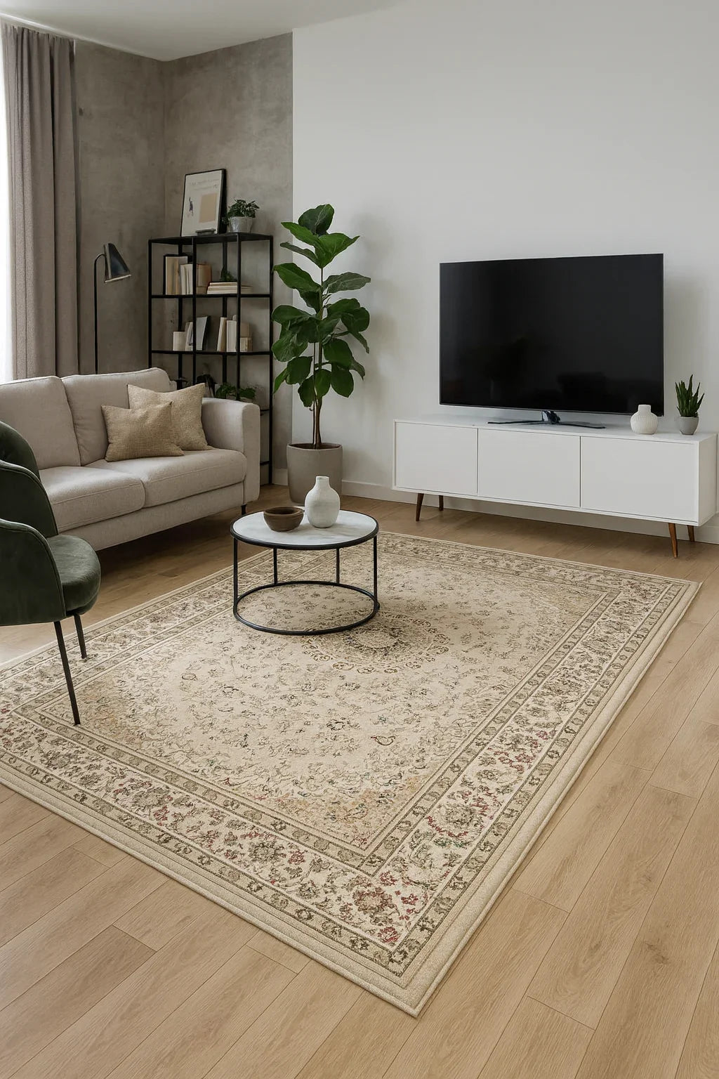 Covor clasic floral bej crem, ideal pentru living și dormitor