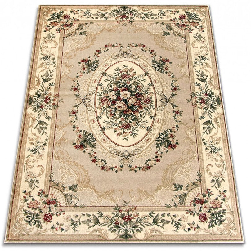 Covor clasic floral bej crem, vedere din unghi cu detalii ornamentale