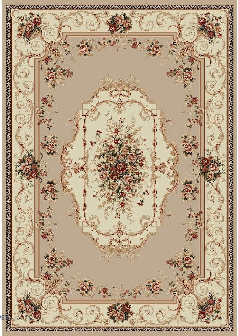 Covor clasic floral bej crem cu model traditional, potrivit pentru living sau dormitor