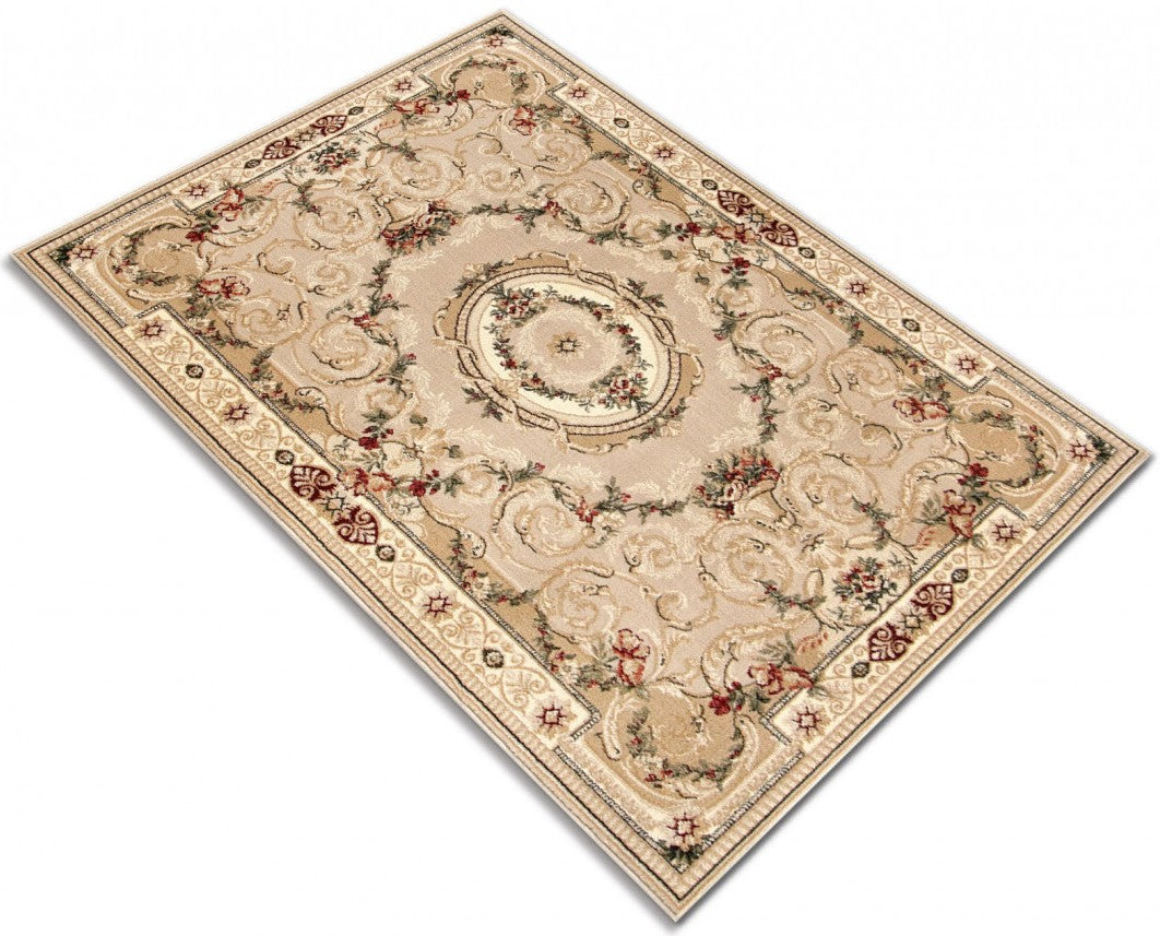 Covor clasic floral crem bej cu design elegant si motive florale