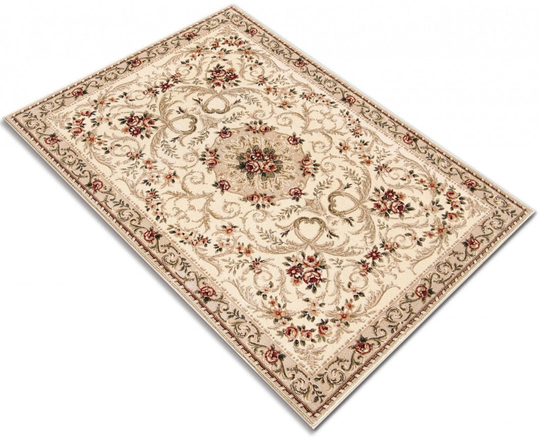 Covor clasic floral crem bej cu design elegant si motive florale
