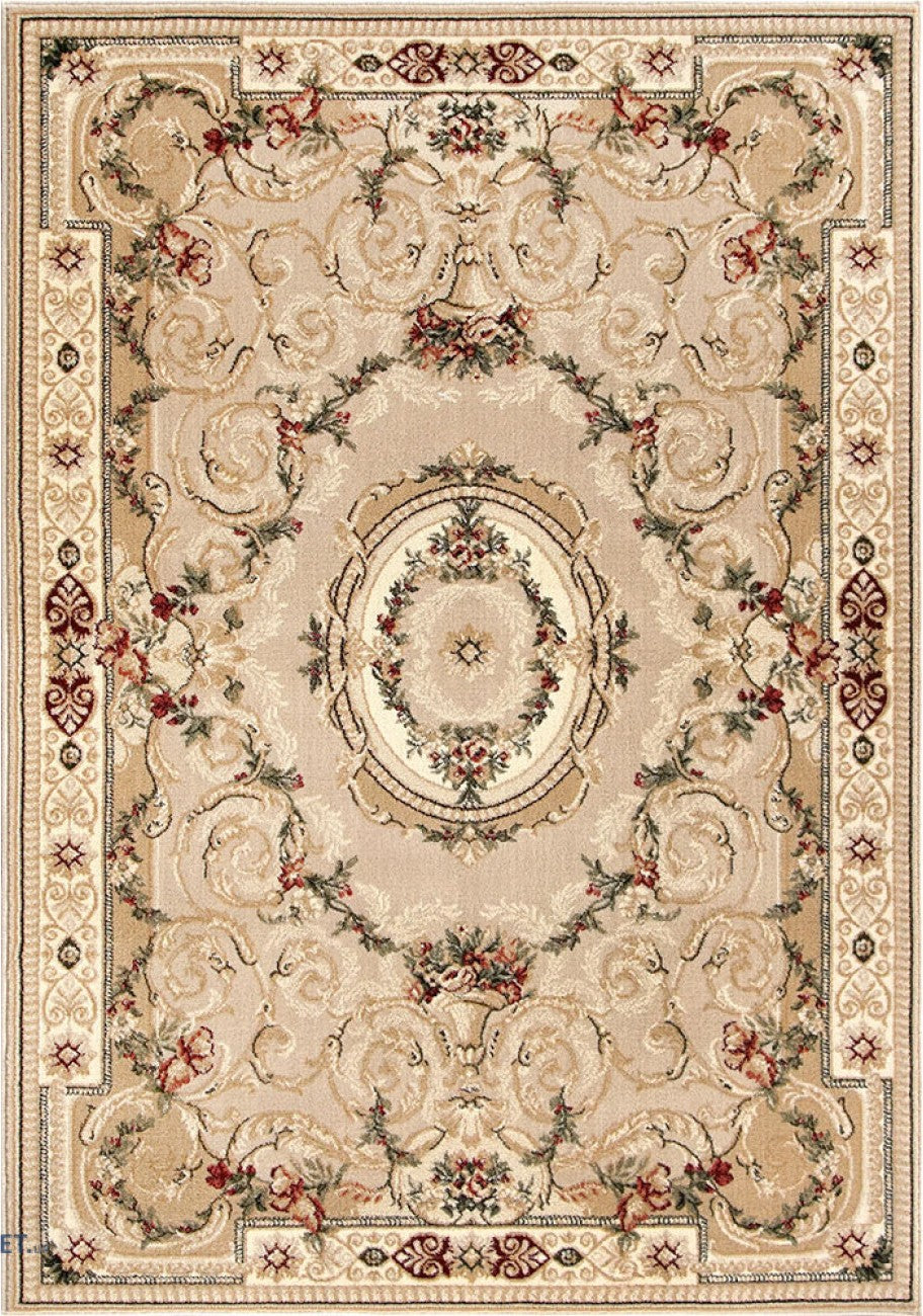 Covor clasic floral crem bej cu model traditional, potrivit pentru living sau dormitor