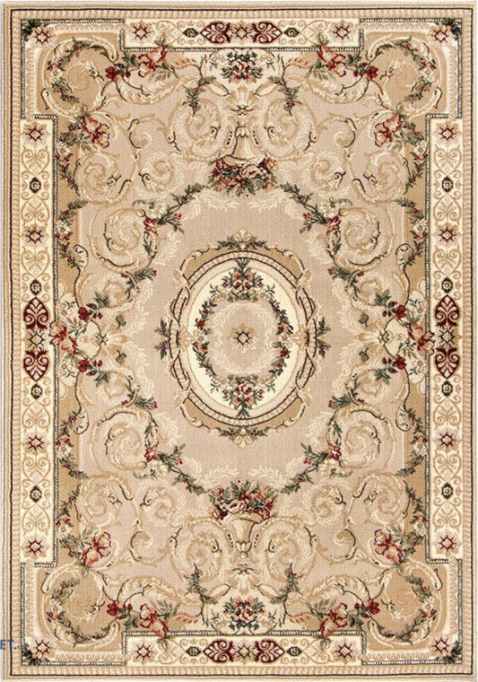Covor clasic floral crem bej cu model traditional, potrivit pentru living sau dormitor