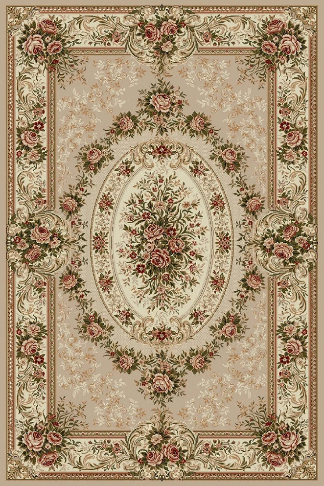 Covor clasic floral crem bej cu model traditional, ideal pentru living sau dormitor