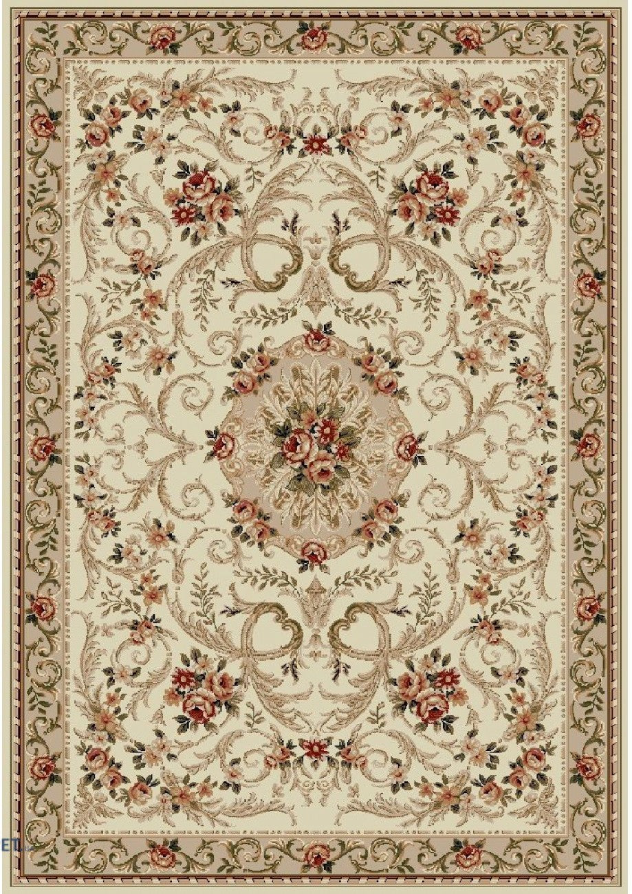 Covor clasic floral crem bej cu model traditional, potrivit pentru living sau dormitor