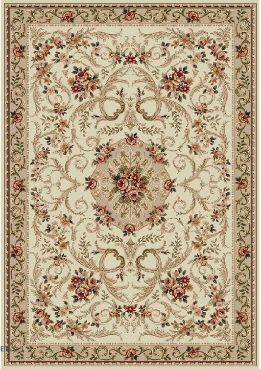 Covor clasic floral crem bej cu model traditional, potrivit pentru living sau dormitor