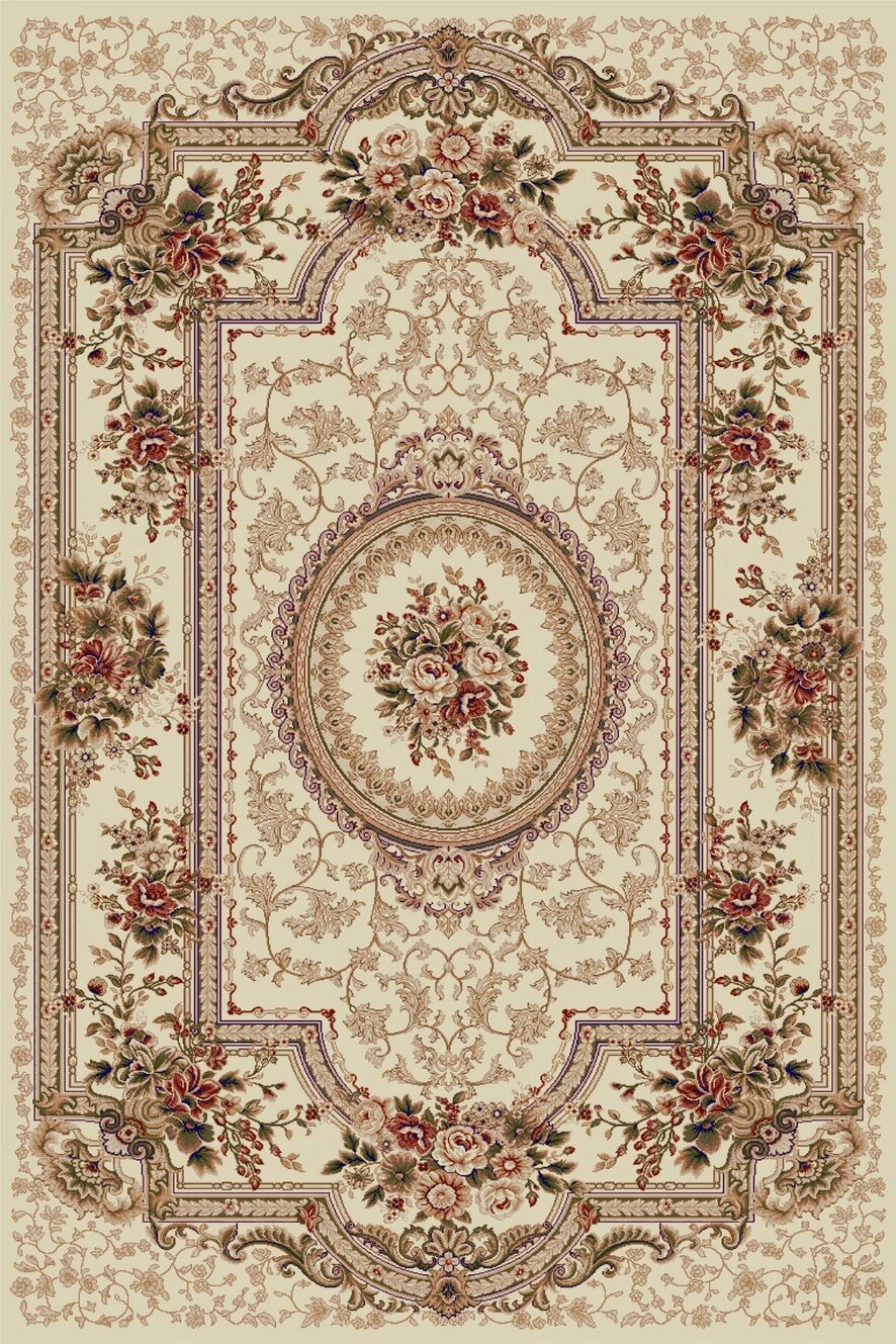 Covor clasic floral crem bej, ideal pentru living și dormitor