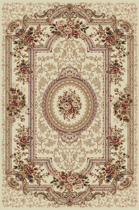 Covor clasic floral crem bej, ideal pentru living și dormitor