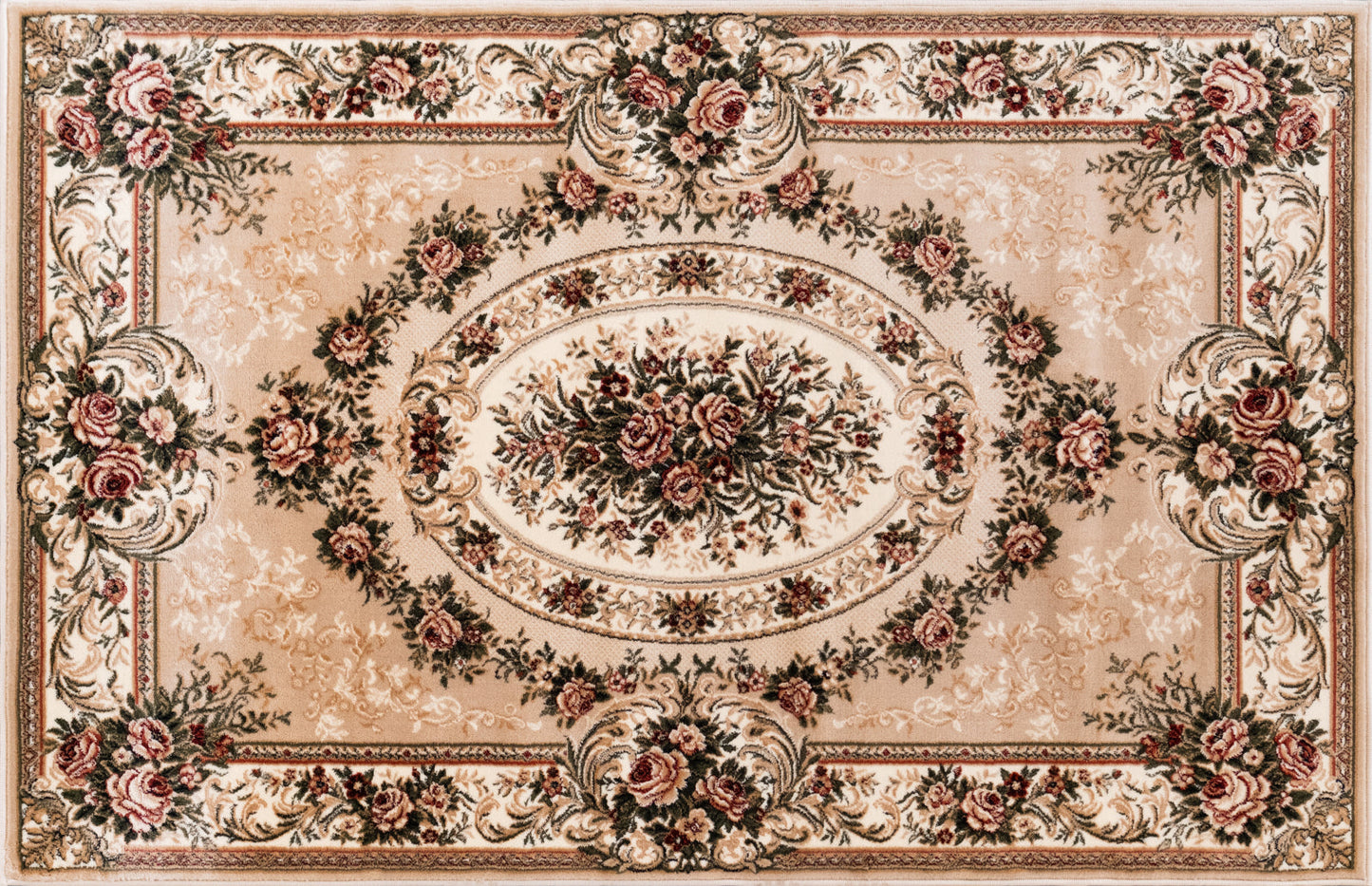 Covor clasic floral crem bej, vedere din unghi cu detalii ornamentale