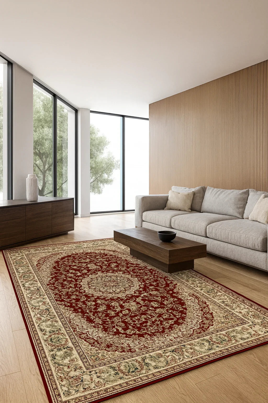 Covor clasic floral grena, ideal pentru living și dormitor