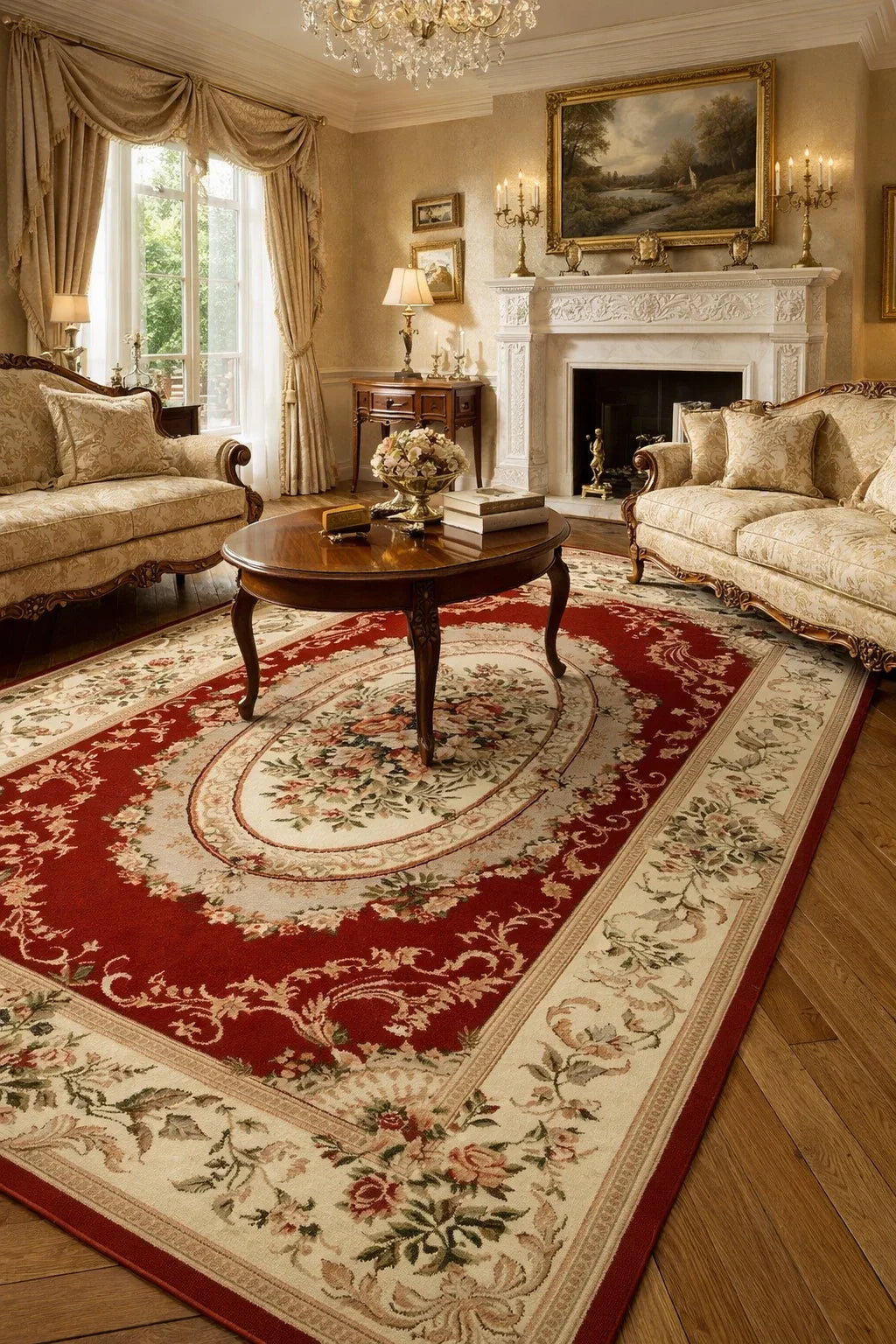 Covor clasic floral bej crem in living, potrivit pentru interior elegant