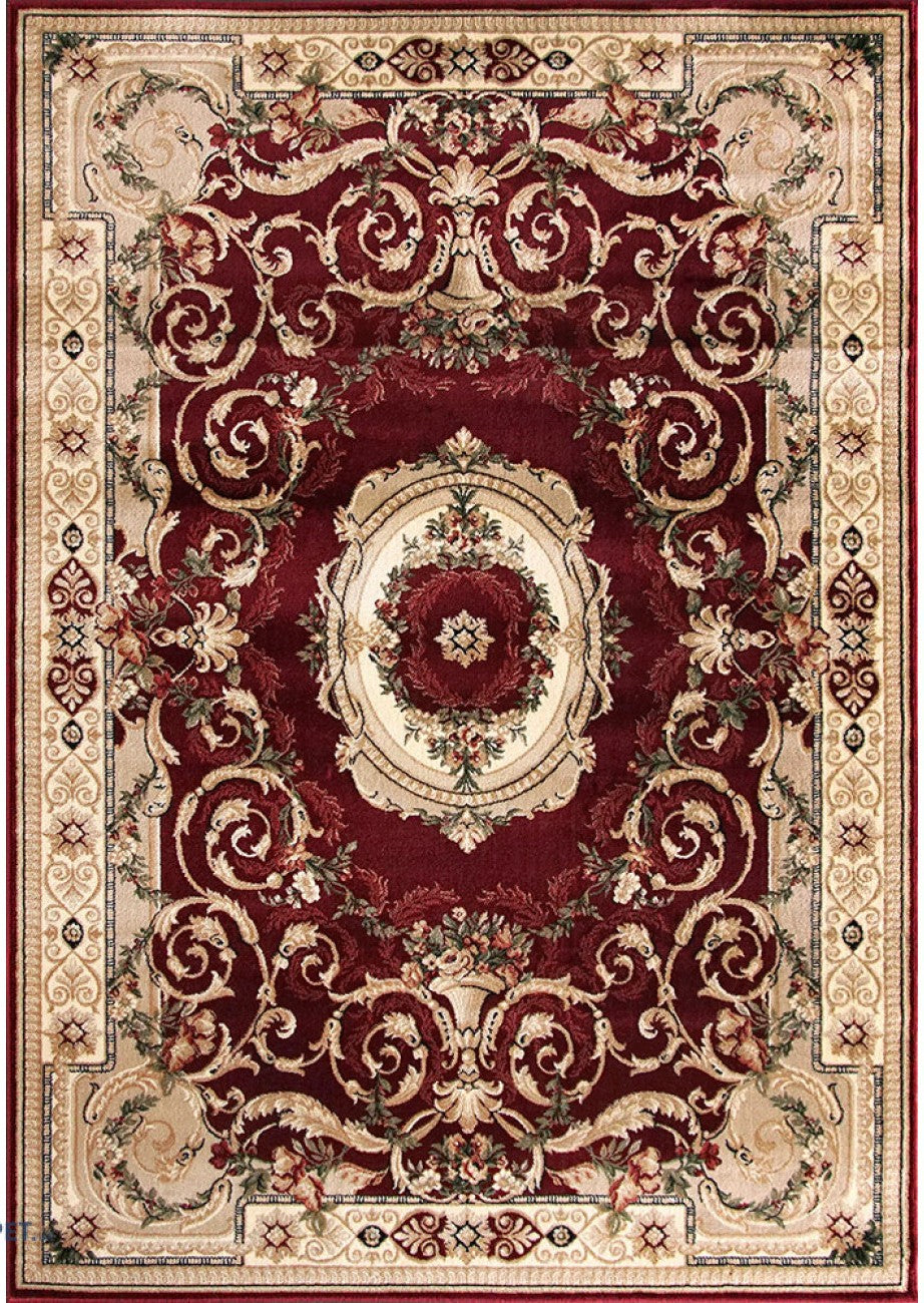 Covor clasic floral grena cu model traditional, potrivit pentru living sau dormitor