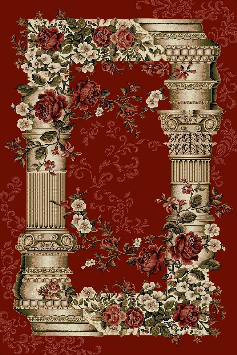 Covor clasic floral grena cu model traditional, potrivit pentru living sau dormitor