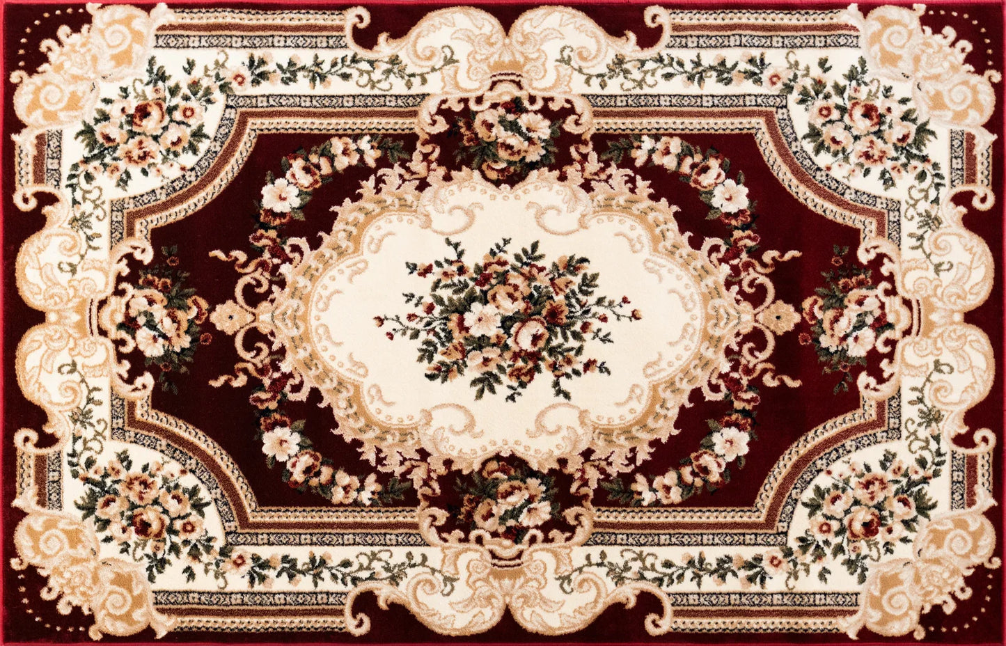 Covor clasic floral grena cu model traditional, vedere de sus