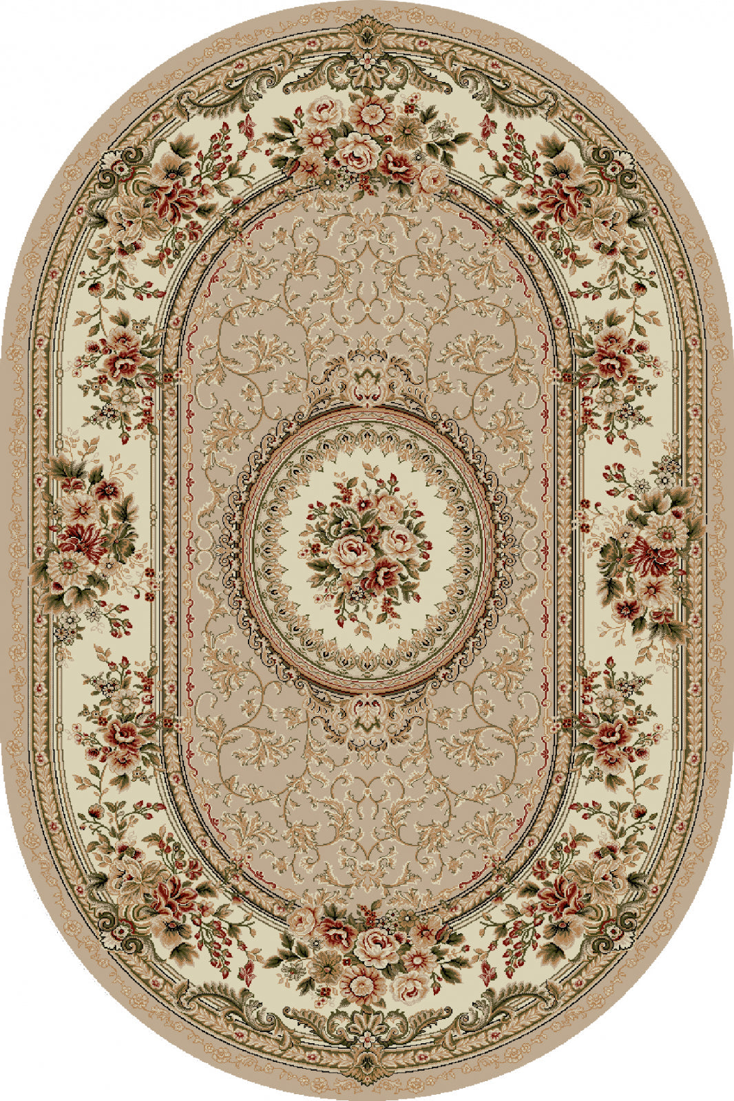 Covor clasic floral oval, culoare bej
