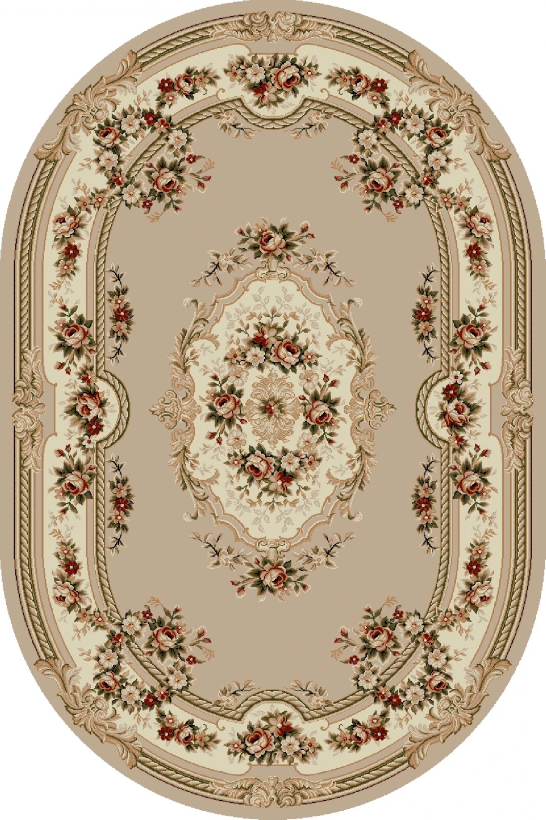 Covor clasic floral oval bej cu model traditional, ideal pentru decor clasic