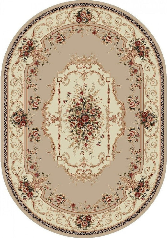 Covor clasic floral oval crem bej, model traditional elegant pentru living sau dormitor