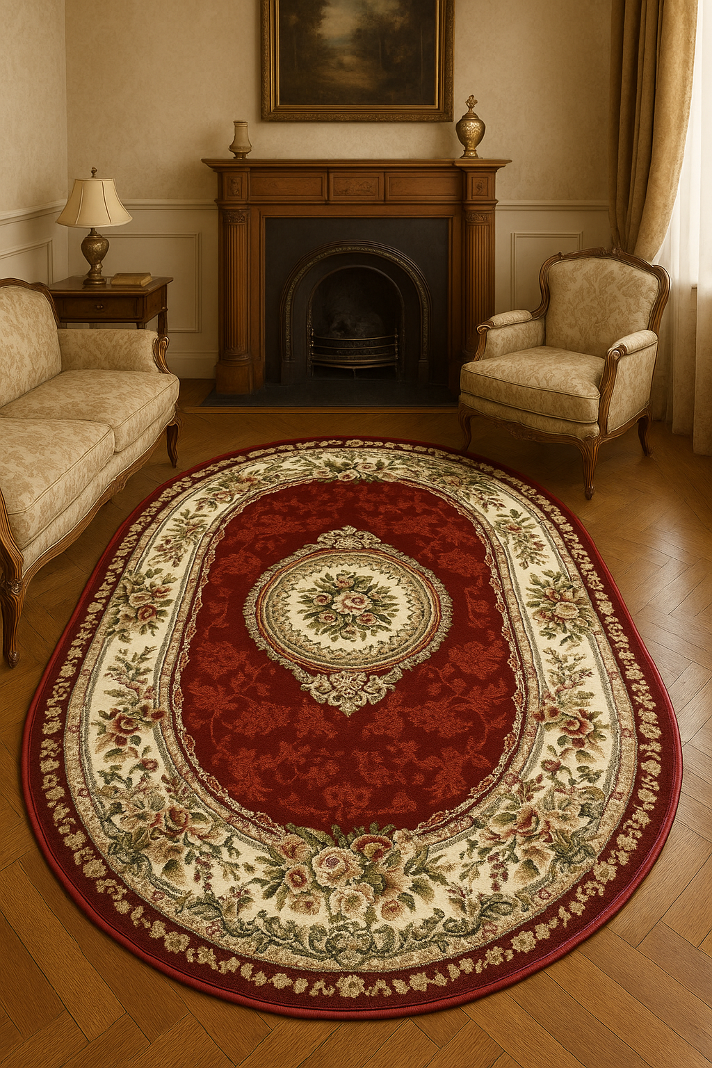 Covor clasic floral oval grena, ideal pentru living și dormitor