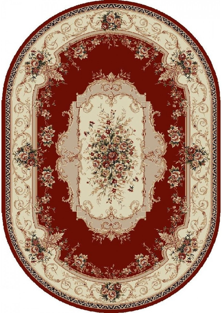 Covor clasic floral oval grena, model traditional pentru living sau dormitor