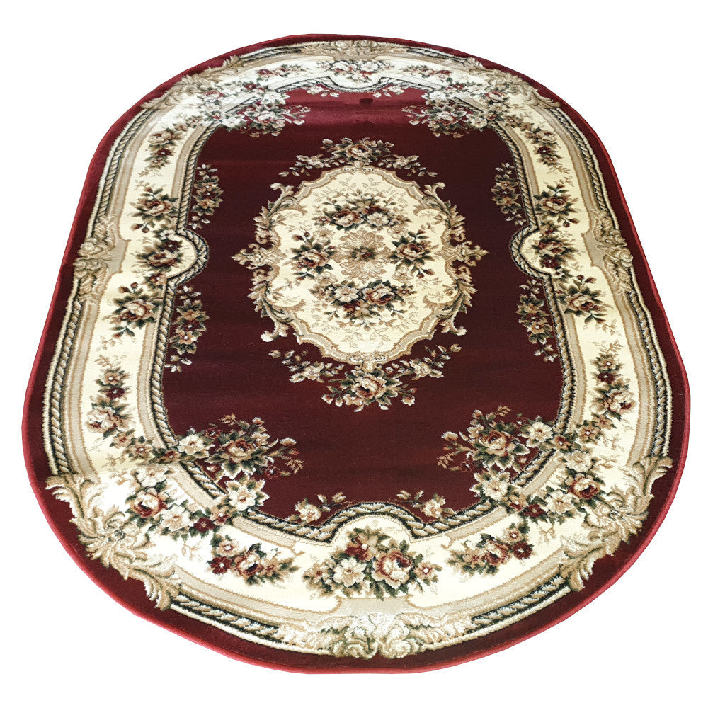 Covor clasic floral oval grena cu model traditional, potrivit pentru decor clasic