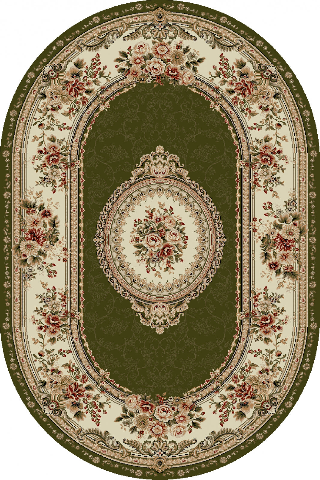 Covor clasic floral oval verde, ideal pentru living și dormitor