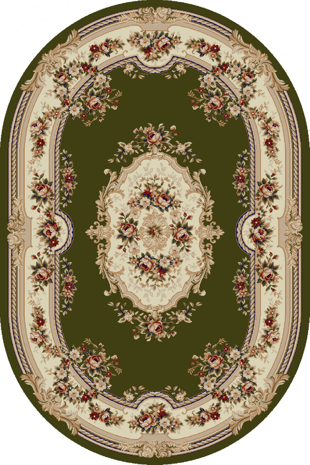 Covor clasic floral oval verde, model elegant pentru living sau dormitor