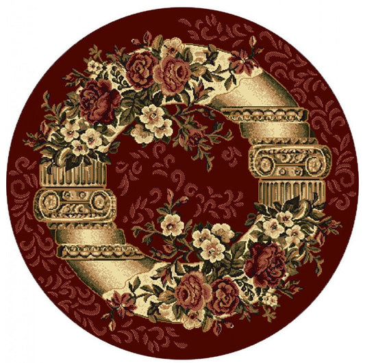 Covor clasic floral rotund grena cu model traditional, potrivit pentru living sau dormitor