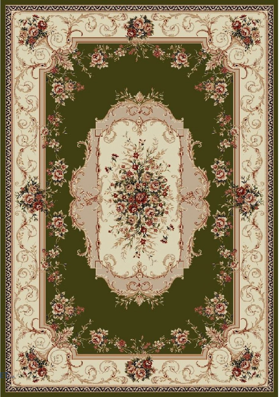 Covor clasic floral verde cu model traditional, potrivit pentru living sau dormitor