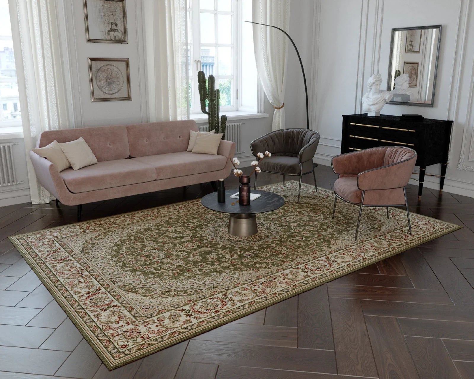 Covor clasic floral verde, ideal pentru living și dormitor