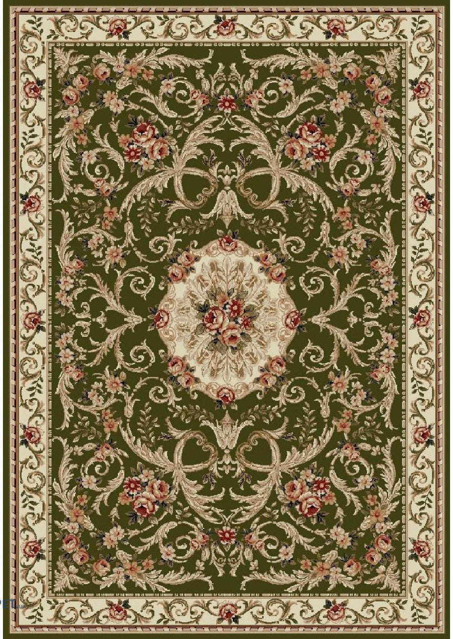 Covor clasic floral verde cu model traditional, potrivit pentru living sau dormitor