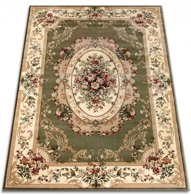 Covor clasic floral verde cu model traditional, potrivit pentru living sau dormitor