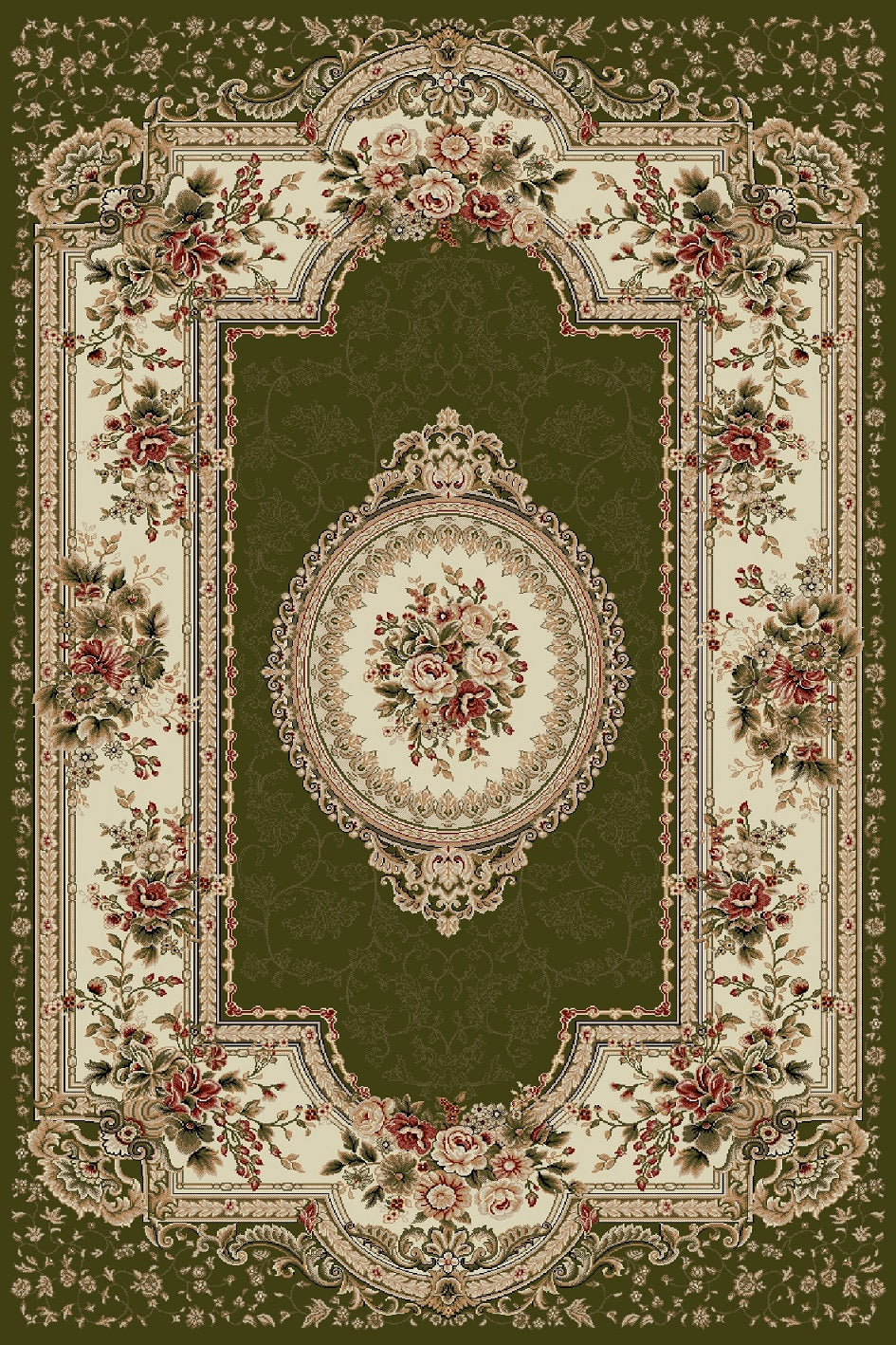 Covor clasic floral verde, ideal pentru living și dormitor