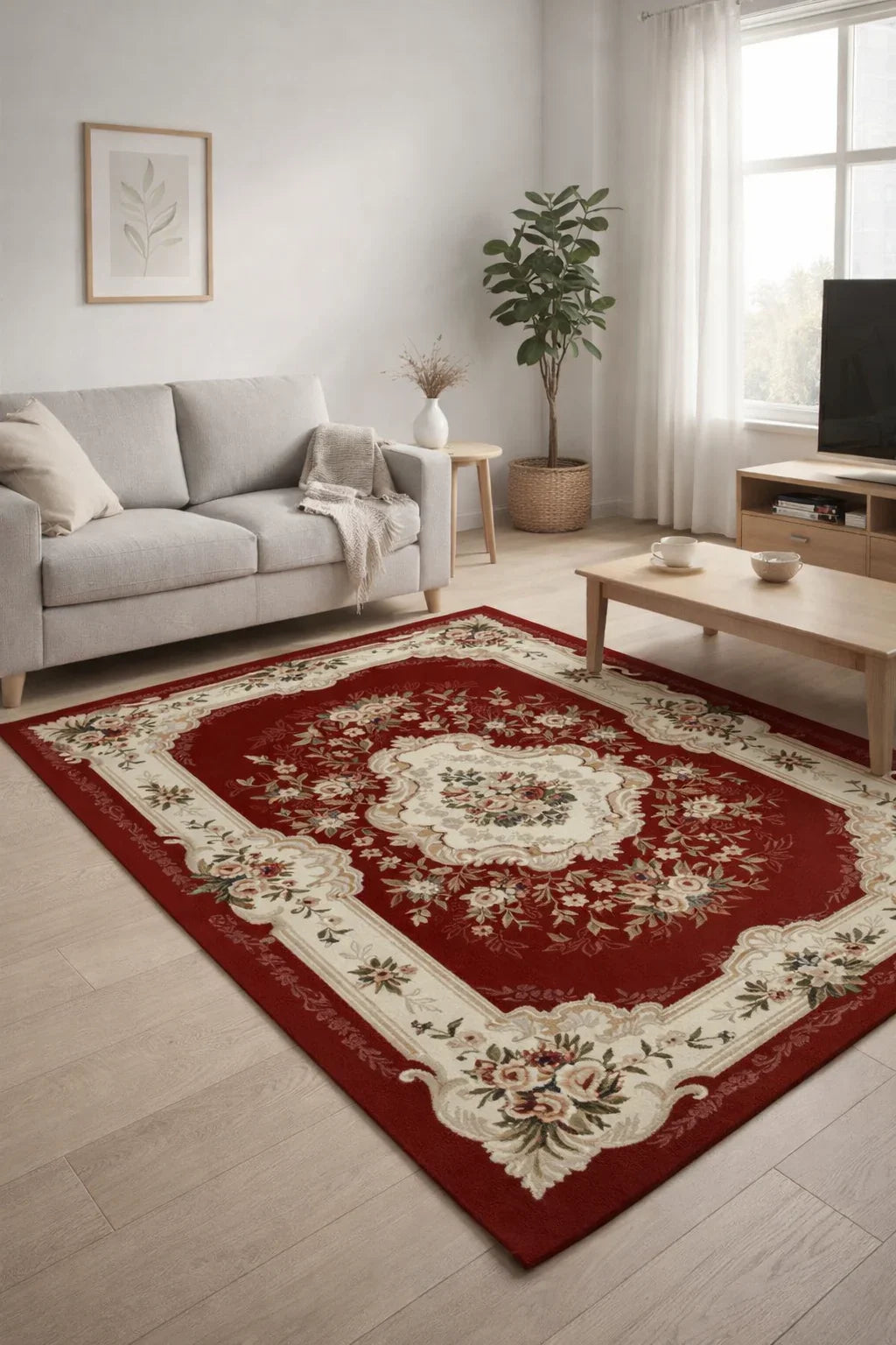 Detaliu model floral covor clasic grena