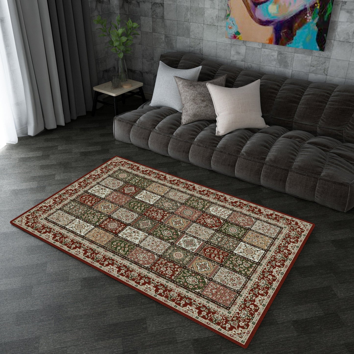 covor clasic grena in living elegant cu canapea inchisa