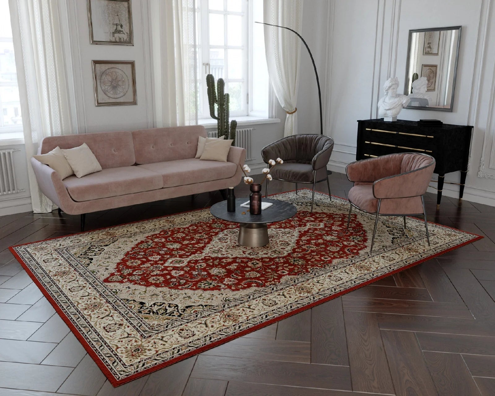 Covor clasic grena in living, potrivit pentru un interior elegant si rafinat