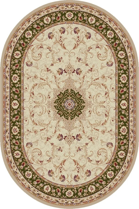 Covor clasic oval crem verde, ideal pentru living și dormitor