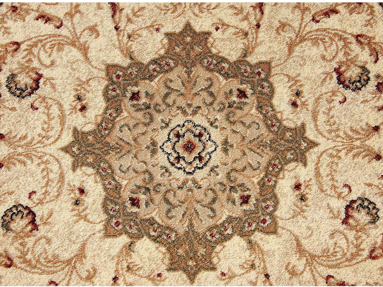 Detaliu central covor clasic rotund crem bej cu motive traditionale