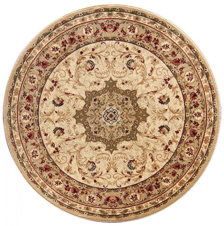 Covor clasic rotund crem bej cu model traditional, potrivit pentru living sau dormitor