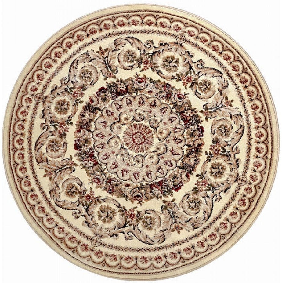 Covor clasic rotund crem bej cu model floral ornamental